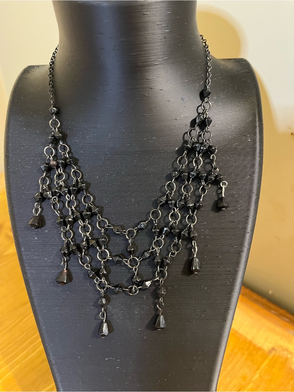 ZAD Victorian Jet Black Beaded Statement Necklace Layered Chain Drip Choker 16”